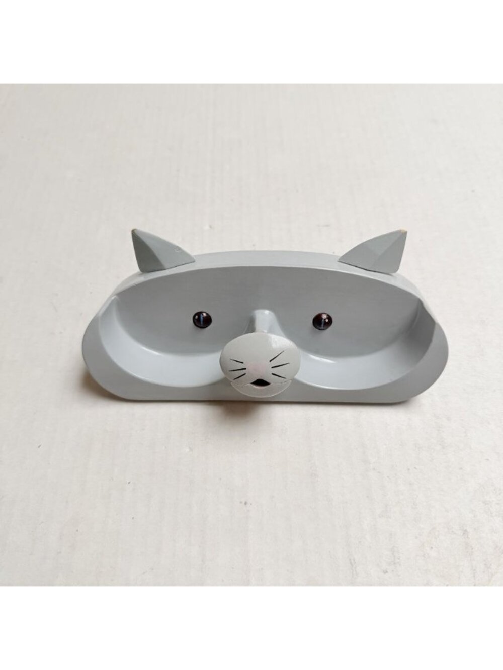 Wooden Kitty Cat Face Eye Glass Holder Vanity Desk Decoration Gray Cat Pink Nose